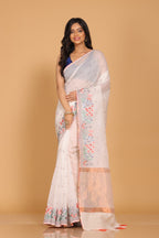 Morchari Cotton Kota Stripe Embroidery Saree - White | Grocsy