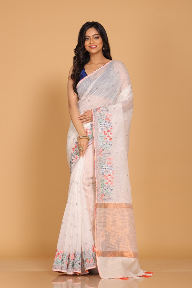 Morchari Cotton Kota Stripe Embroidery Saree - White | Grocsy