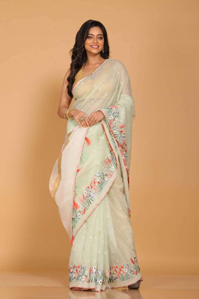 Morchari Cotton Kota Stripe Embroidery Saree - Sea Green | Grocsy