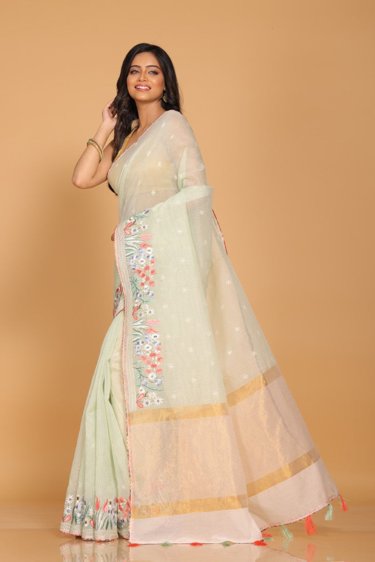 Morchari Cotton Kota Stripe Embroidery Saree - Sea Green | Grocsy