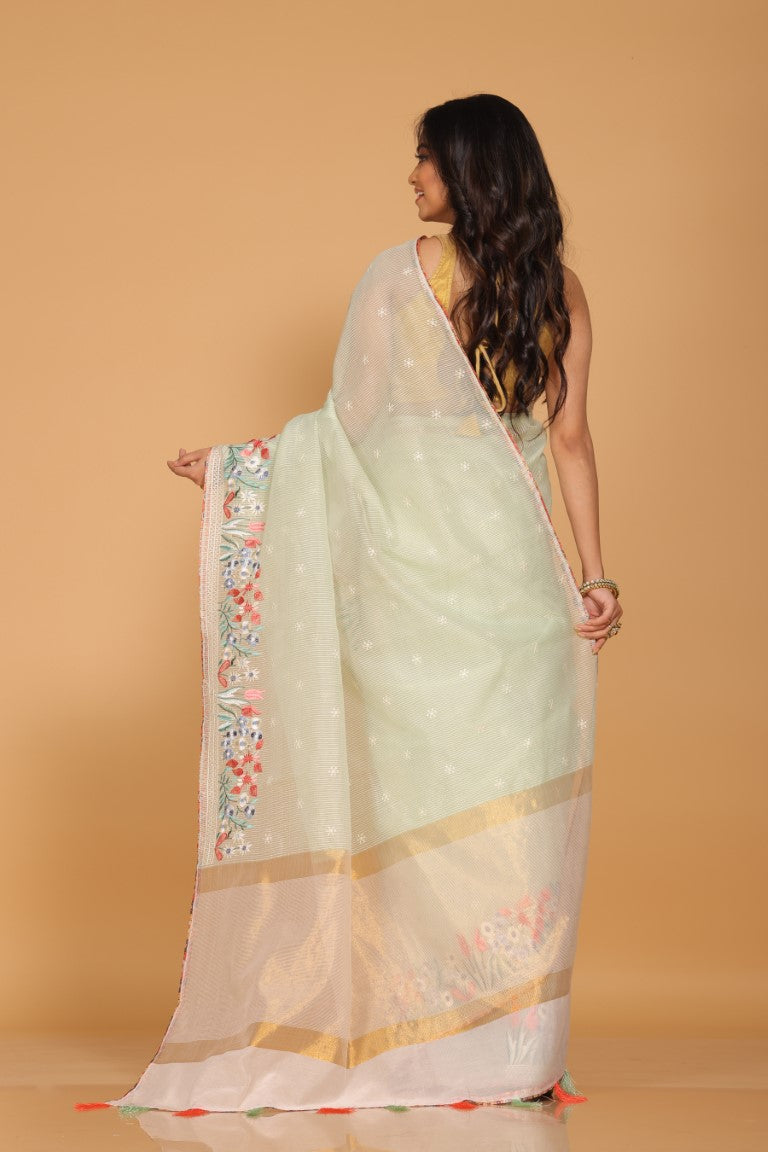 Morchari Cotton Kota Stripe Embroidery Saree - Sea Green | Grocsy