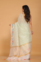 Morchari Cotton Kota Stripe Embroidery Saree - Sea Green | Grocsy