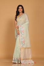 Morchari Cotton Kota Stripe Embroidery Saree - Sea Green | Grocsy