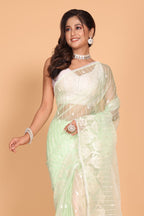 Morchari Orzanga Stripe Embroidery Saree - Green | Grocsy