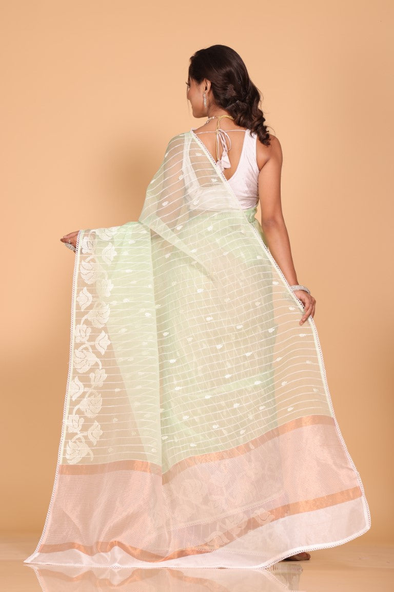 Morchari Orzanga Stripe Embroidery Saree - Green | Grocsy