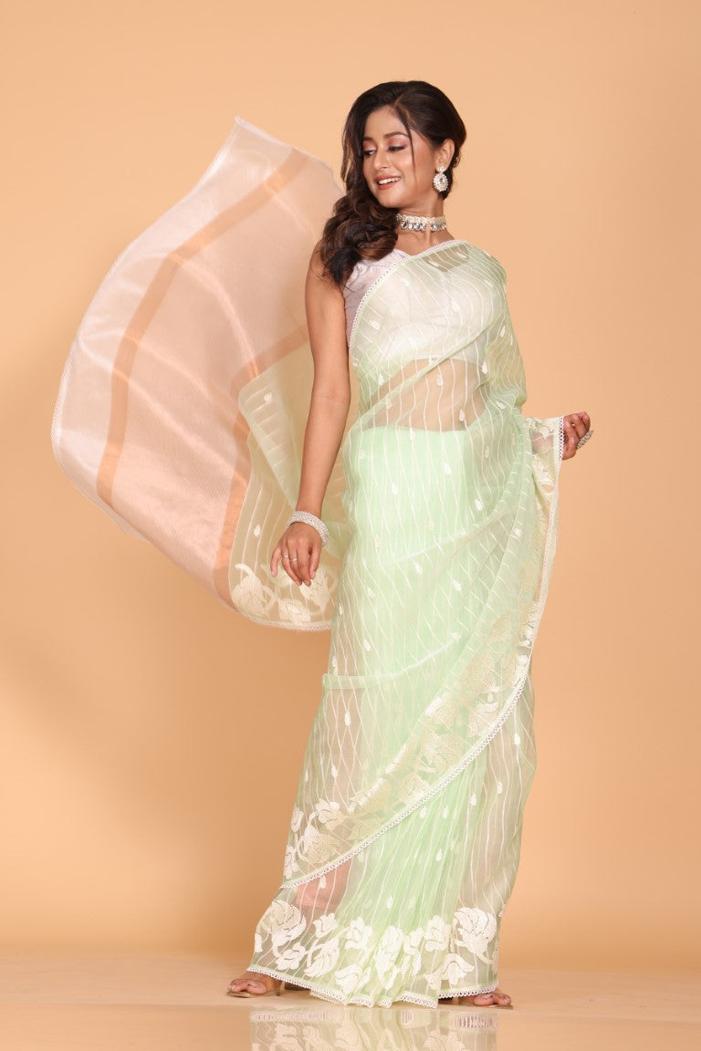 Morchari Orzanga Stripe Embroidery Saree - Green | Grocsy