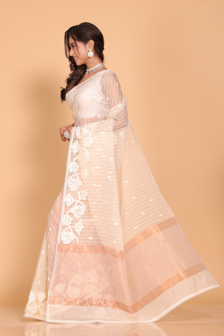 Morchari Orzanga Stripe Embroidery Saree - Beige | Grocsy