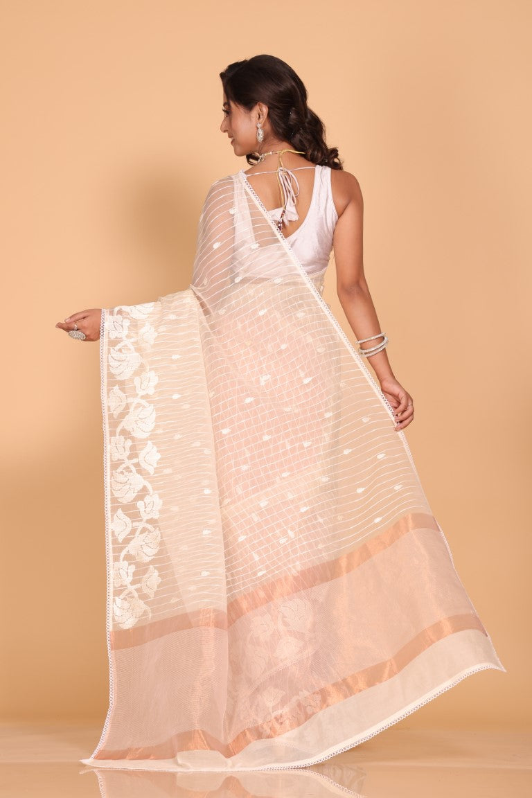 Morchari Orzanga Stripe Embroidery Saree - Beige | Grocsy