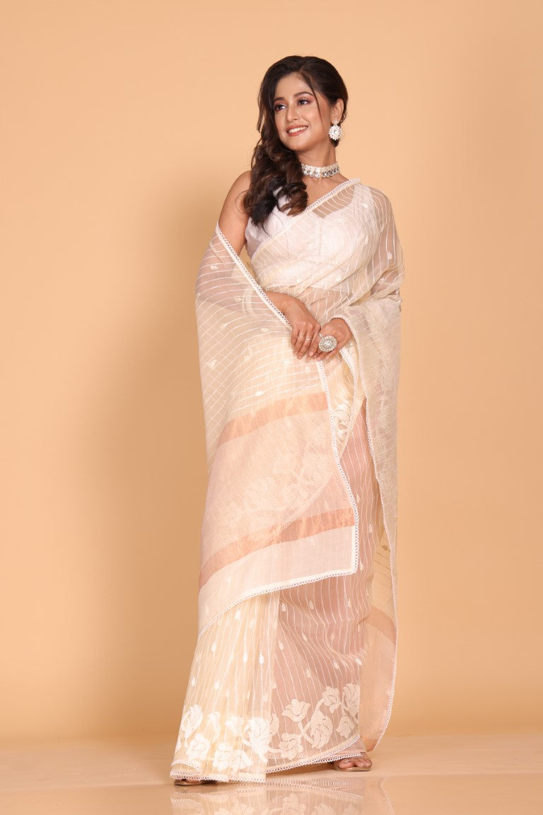 Morchari Orzanga Stripe Embroidery Saree - Beige | Grocsy