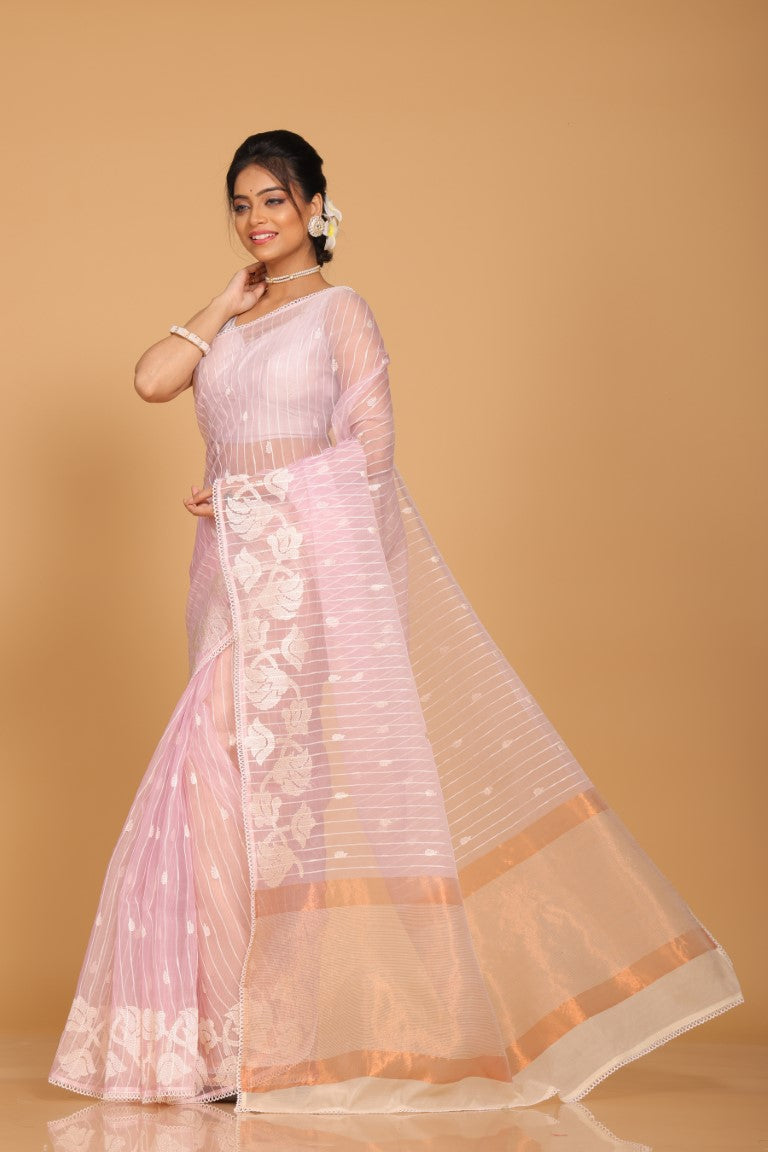 Morchari Orzanga Stripe Embroidery Saree - Light Pink | Grocsy
