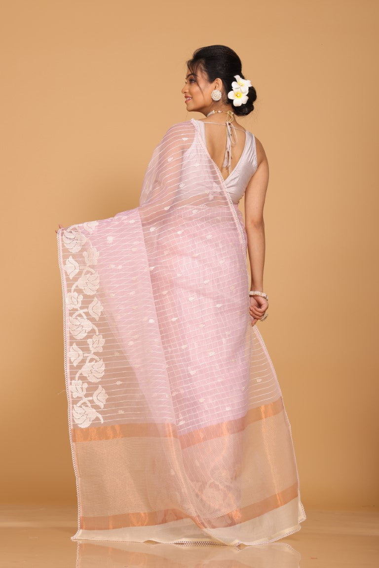 Morchari Orzanga Stripe Embroidery Saree - Light Pink | Grocsy