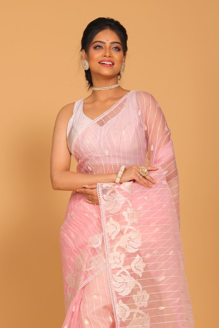 Morchari Orzanga Stripe Embroidery Saree - Pink | Grocsy