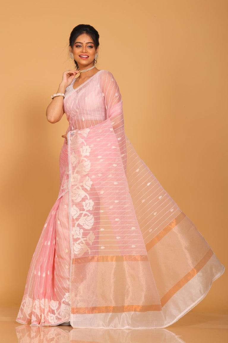 Morchari Orzanga Stripe Embroidery Saree - Pink | Grocsy