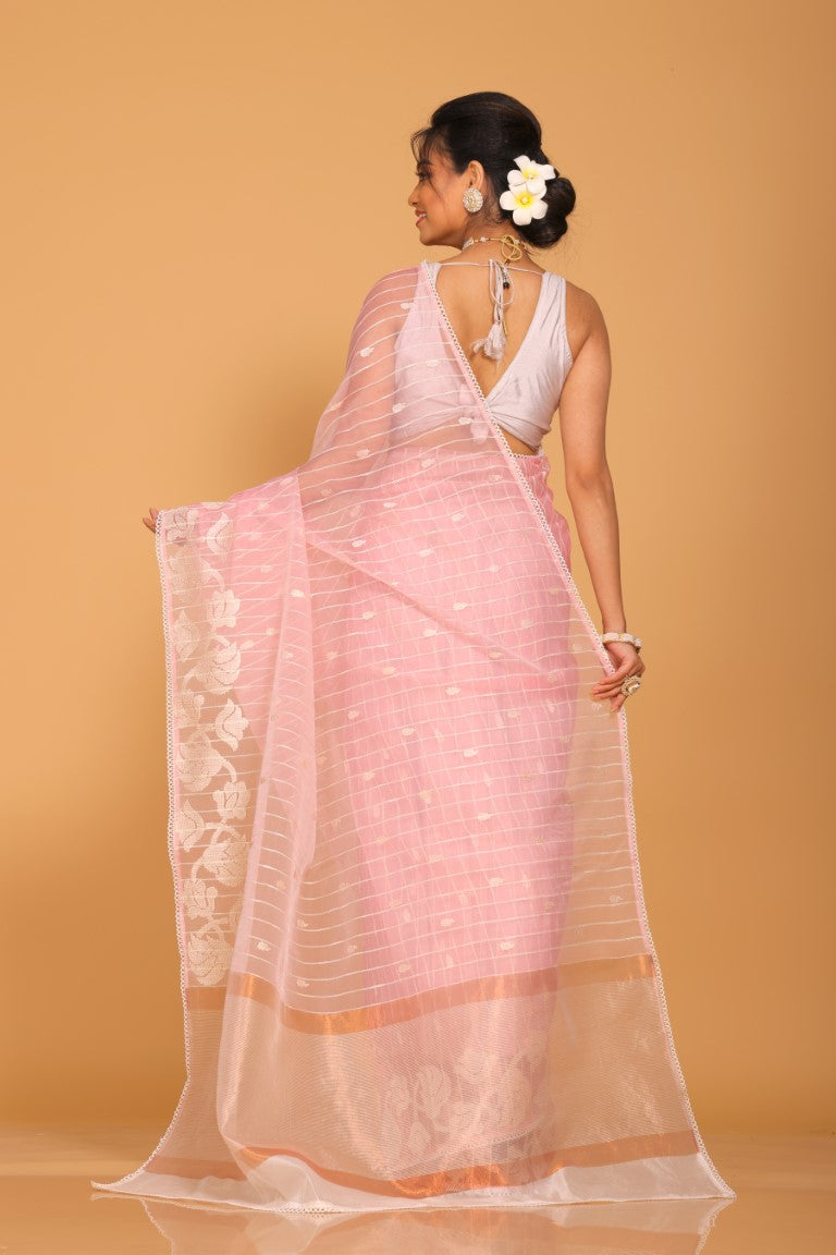 Morchari Orzanga Stripe Embroidery Saree - Pink | Grocsy