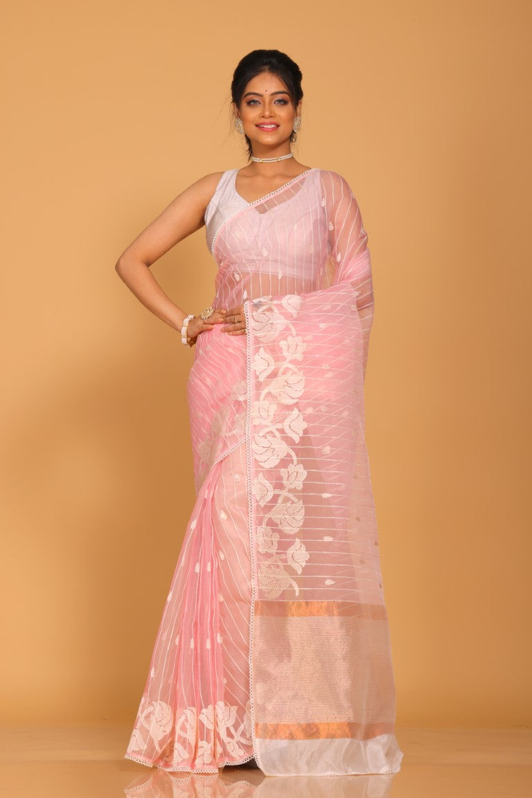 Morchari Orzanga Stripe Embroidery Saree - Pink | Grocsy