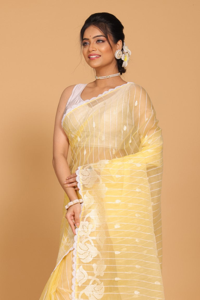 Morchari Orzanga Stripe Embroidery Saree - Yellow | Grocsy