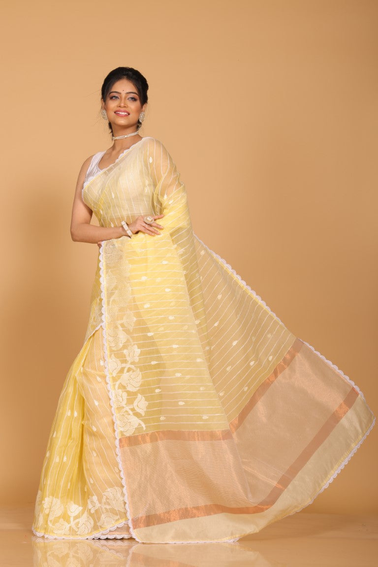 Morchari Orzanga Stripe Embroidery Saree - Yellow | Grocsy