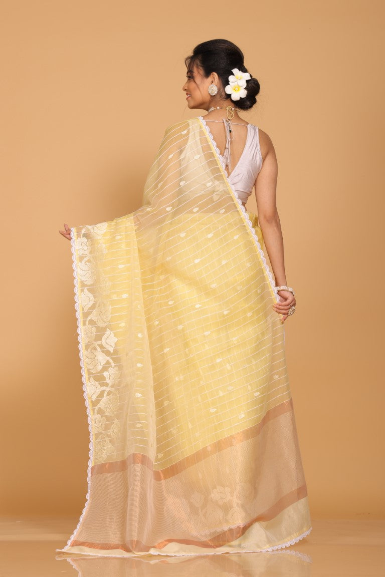 Morchari Orzanga Stripe Embroidery Saree - Yellow | Grocsy