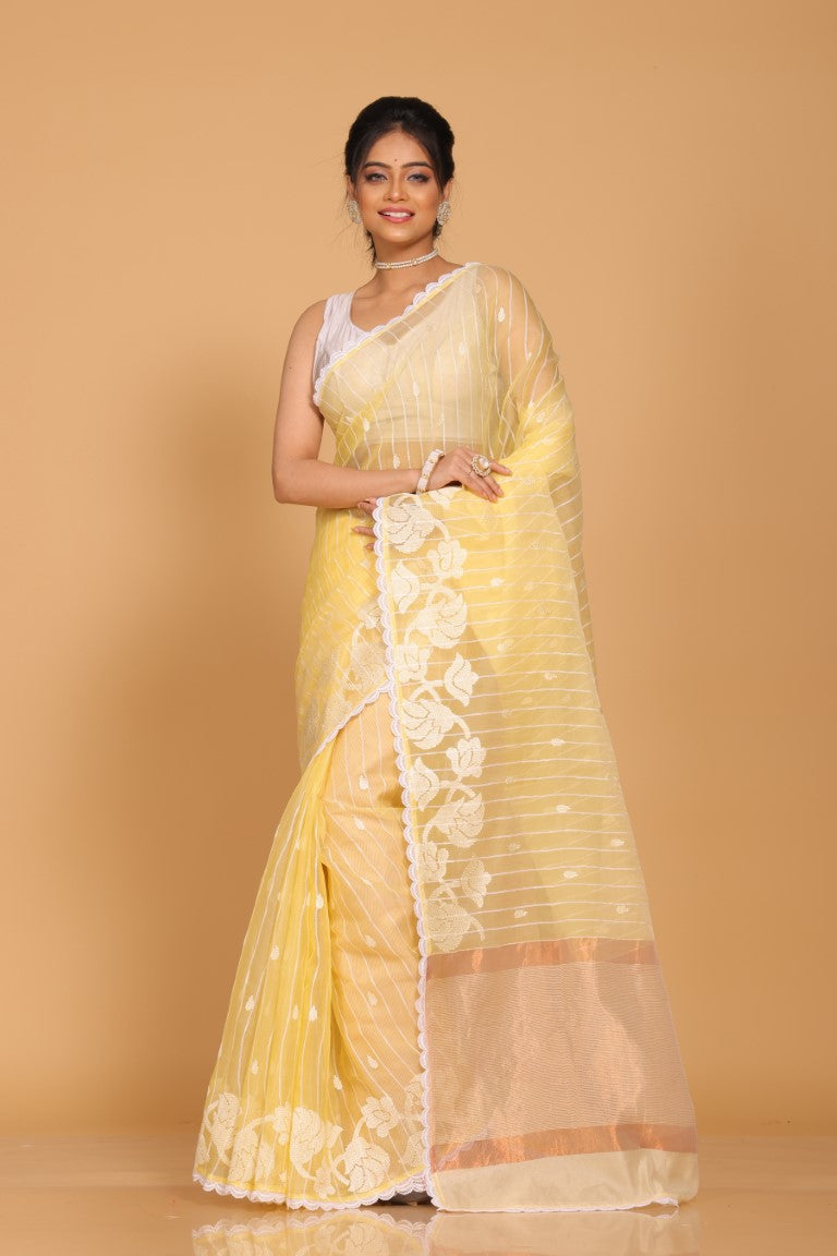 Morchari Orzanga Stripe Embroidery Saree - Yellow | Grocsy