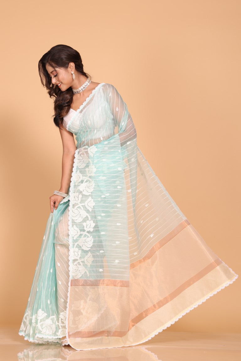 Morchari Orzanga Stripe Embroidery Saree - Sky Blue | Grocsy