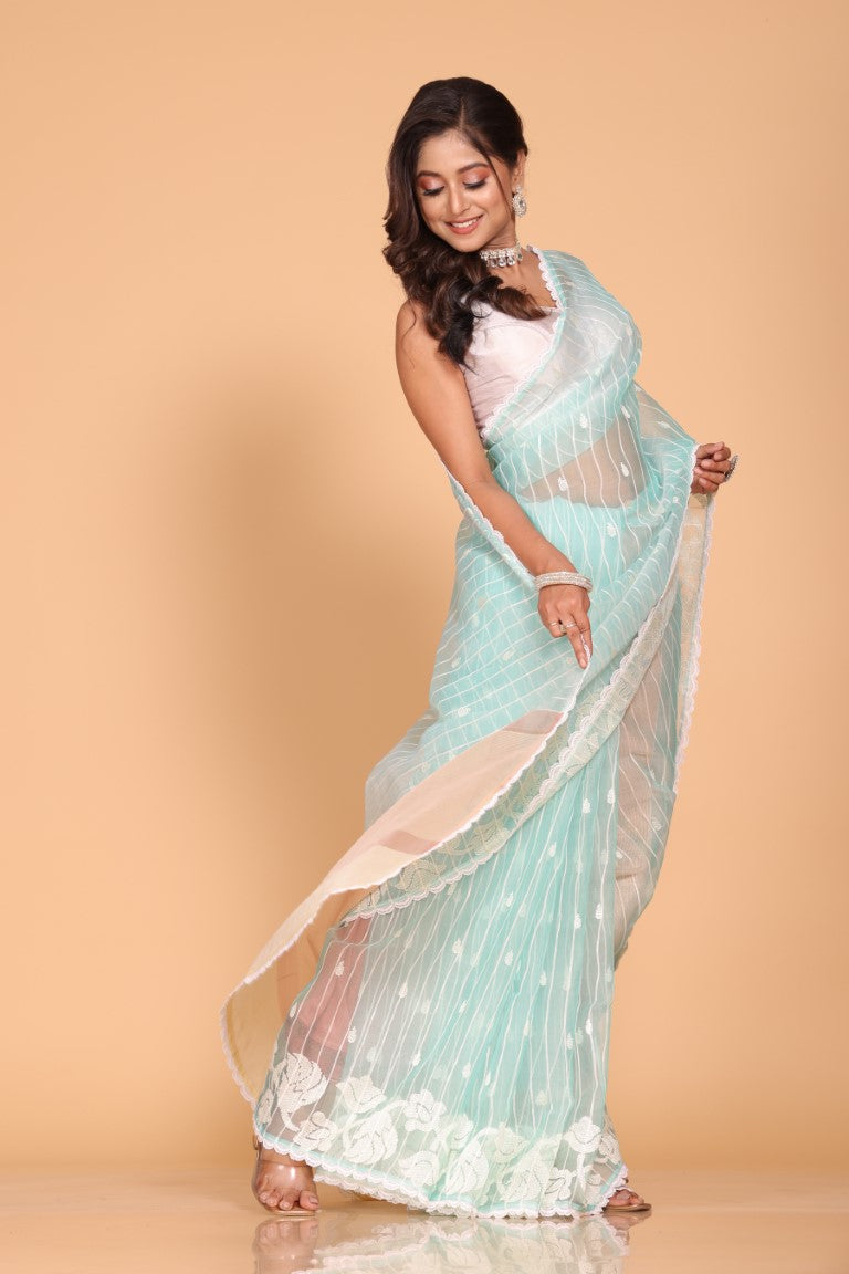 Morchari Orzanga Stripe Embroidery Saree - Sky Blue | Grocsy