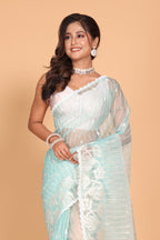 Morchari Orzanga Stripe Embroidery Saree - Sky Blue | Grocsy