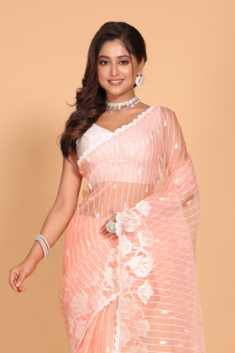 Morchari Orzanga Stripe Embroidery Saree - Peach | Grocsy