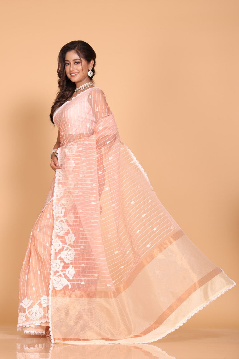 Morchari Orzanga Stripe Embroidery Saree - Peach | Grocsy