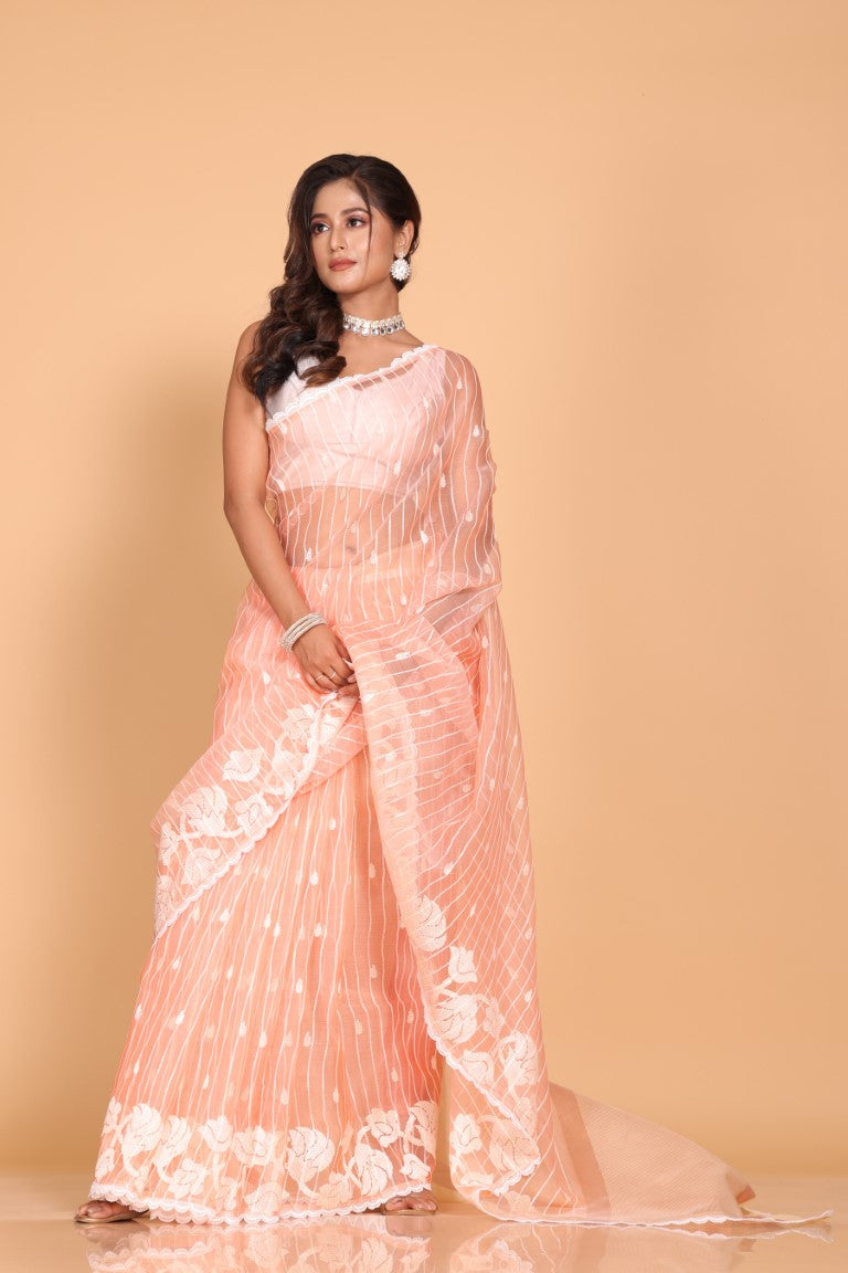Morchari Orzanga Stripe Embroidery Saree - Peach | Grocsy