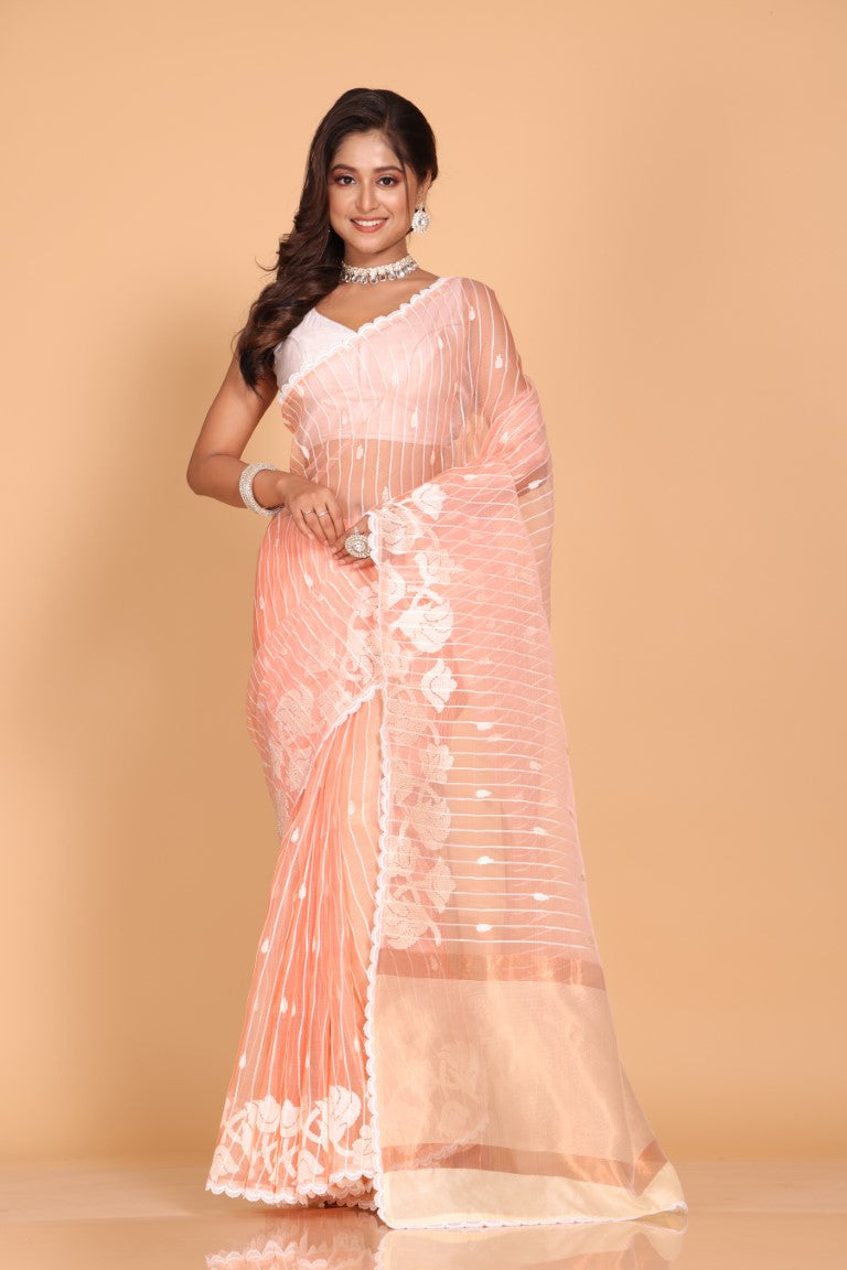 Morchari Orzanga Stripe Embroidery Saree - Peach | Grocsy