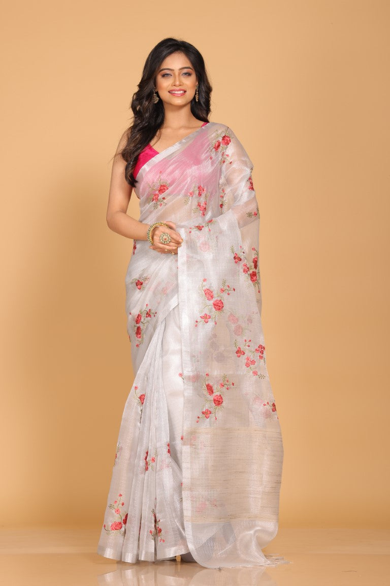 Morchari Kota Silver Zari Tissue Embroidery Saree - Sliver | Grocsy