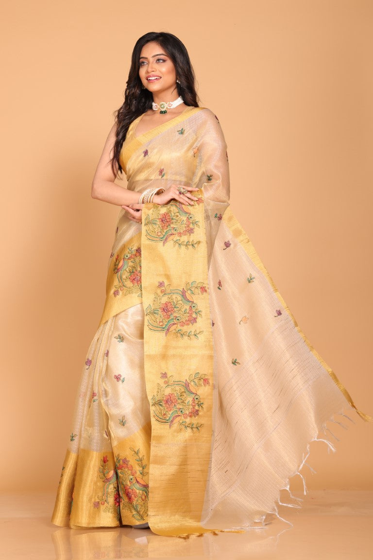 Morchari Kota Gold Zari Tissue Embroidery Saree - Gold | Grocsy