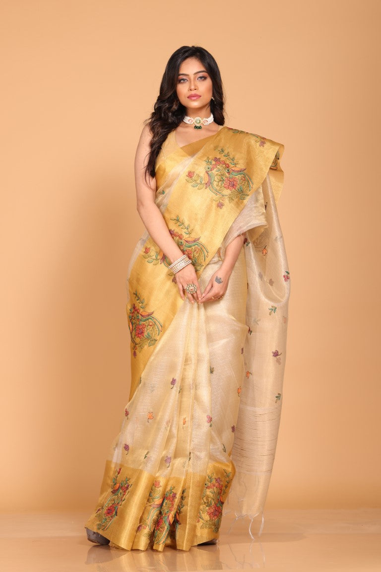 Morchari Kota Gold Zari Tissue Embroidery Saree - Gold | Grocsy