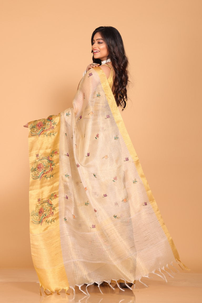 Morchari Kota Gold Zari Tissue Embroidery Saree - Gold | Grocsy