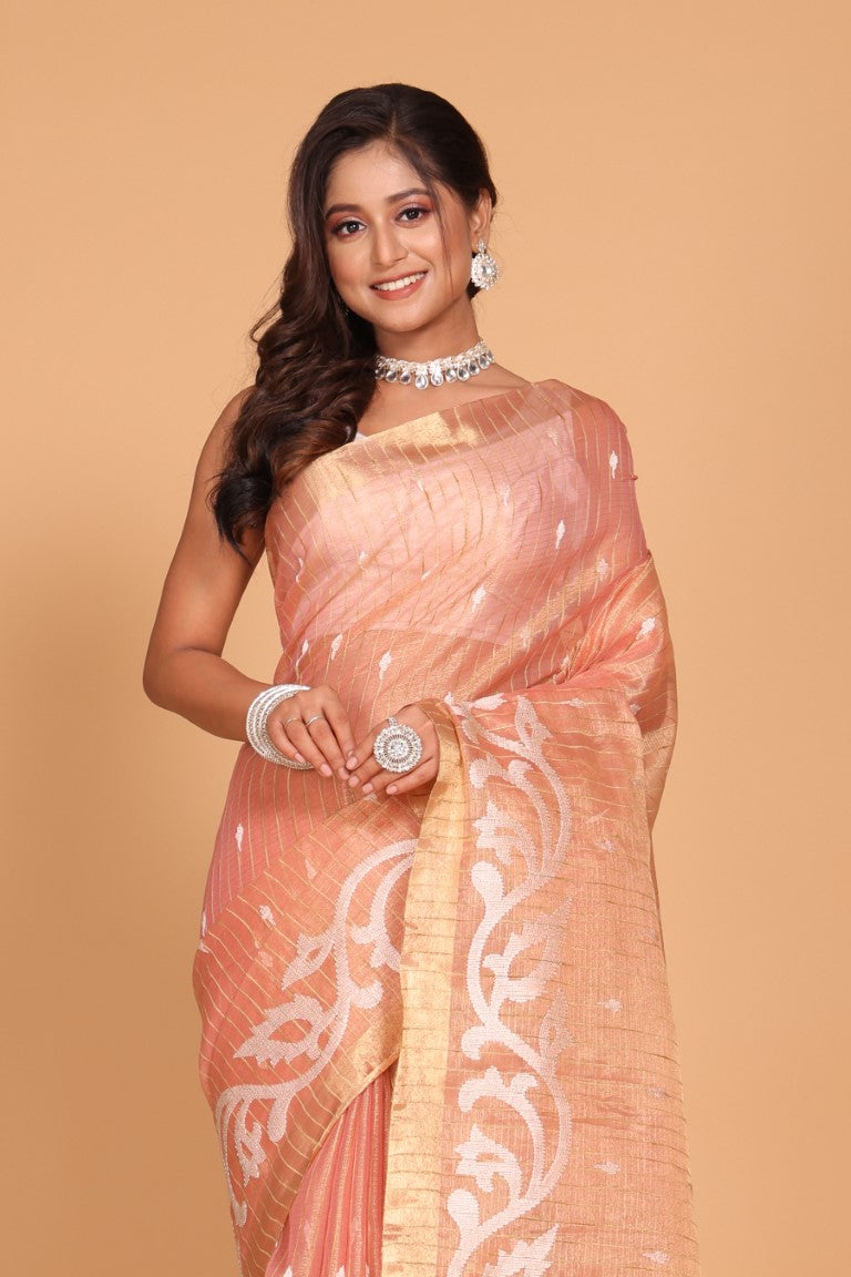 Morchari Kota Zari Stripe Embroidery Saree - Pink | Grocsy