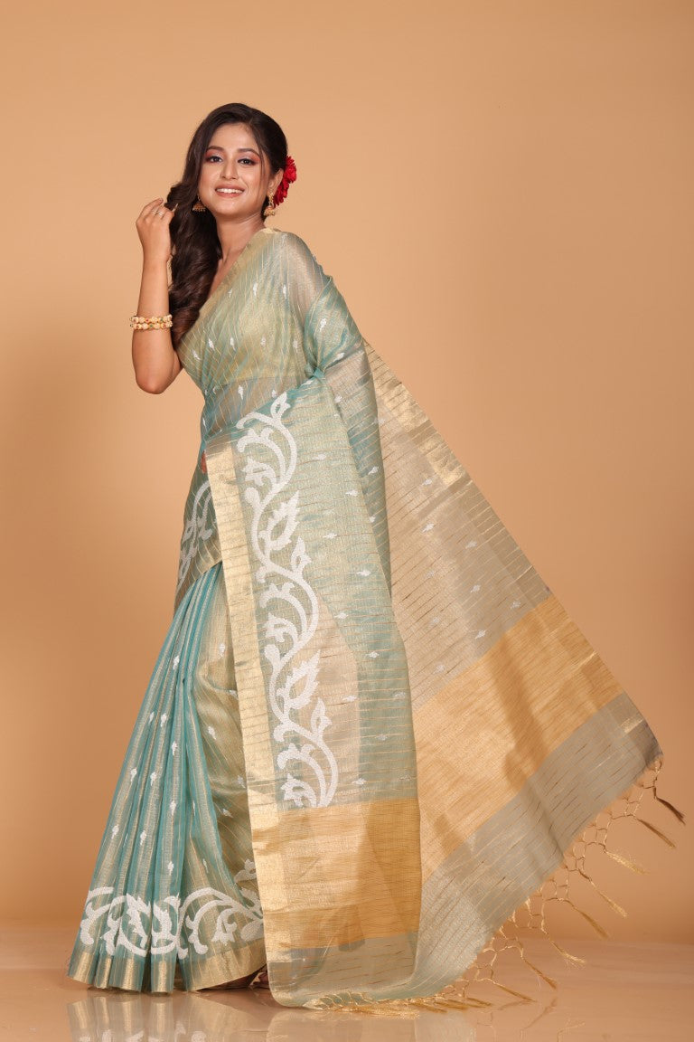 Morchari Kota Zari Stripe Embroidery Saree - Sky Blue | Grocsy