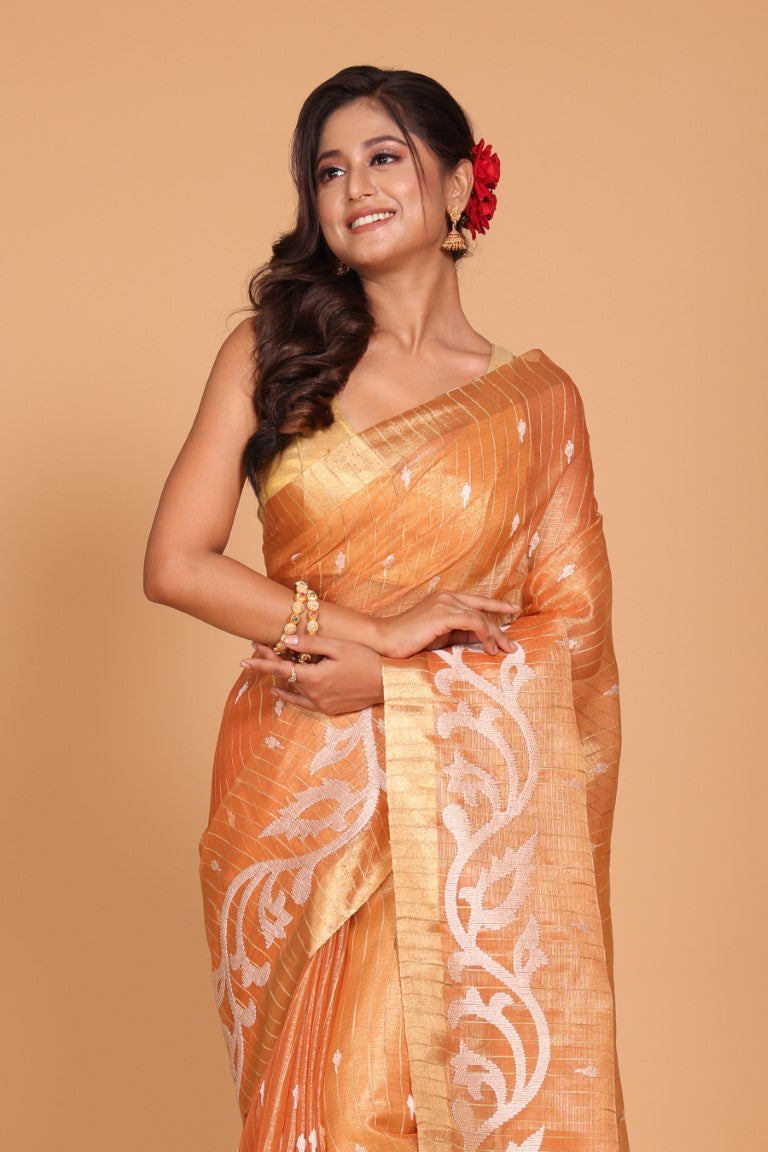 Morchari Kota Zari Stripe Embroidery Saree - Orange | Grocsy
