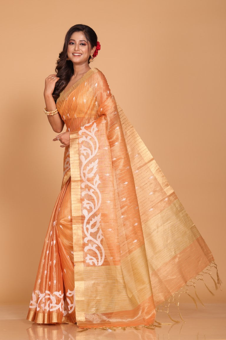 Morchari Kota Zari Stripe Embroidery Saree - Orange | Grocsy