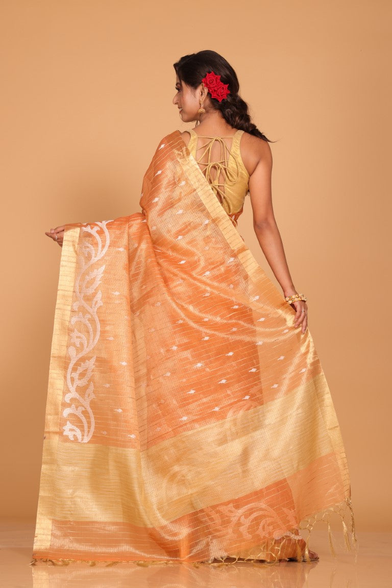 Morchari Kota Zari Stripe Embroidery Saree - Orange | Grocsy