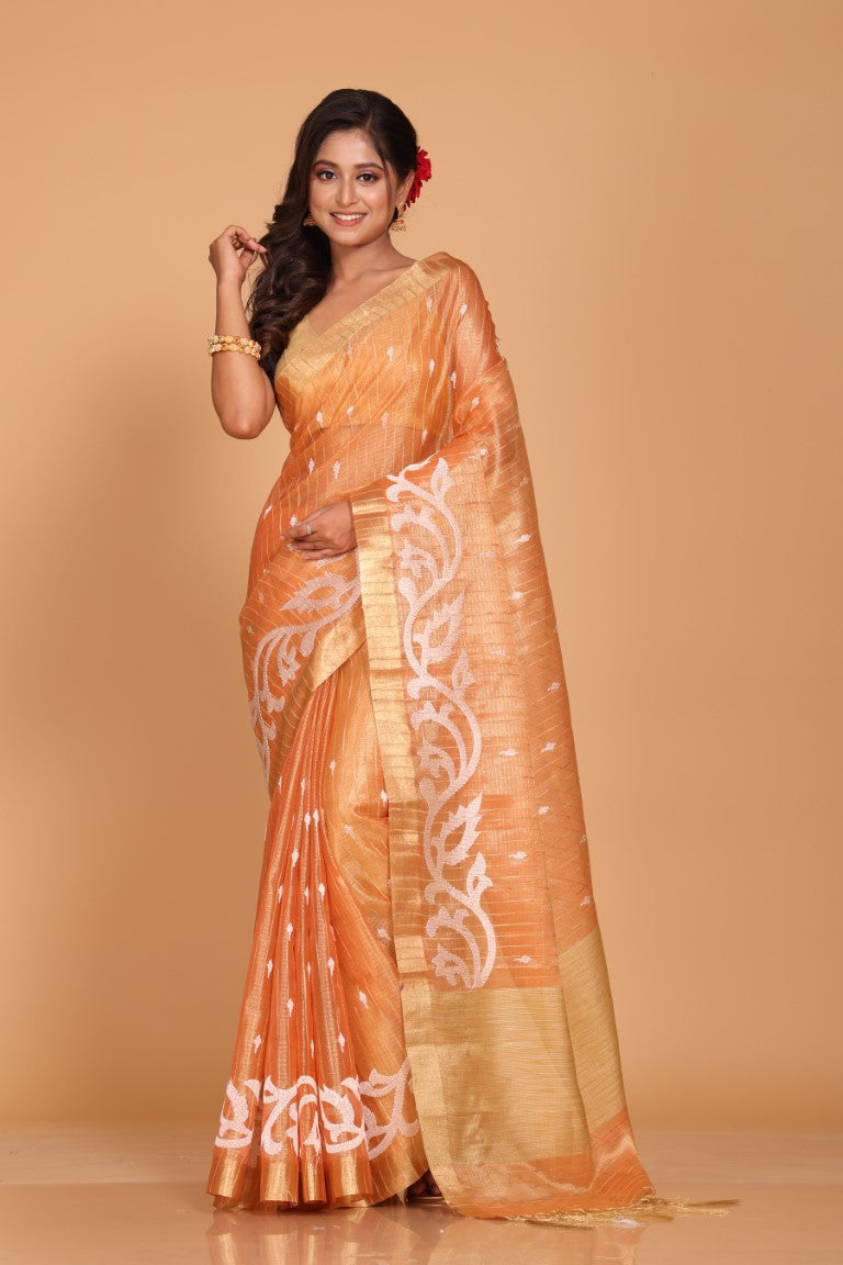 Morchari Kota Zari Stripe Embroidery Saree - Orange | Grocsy