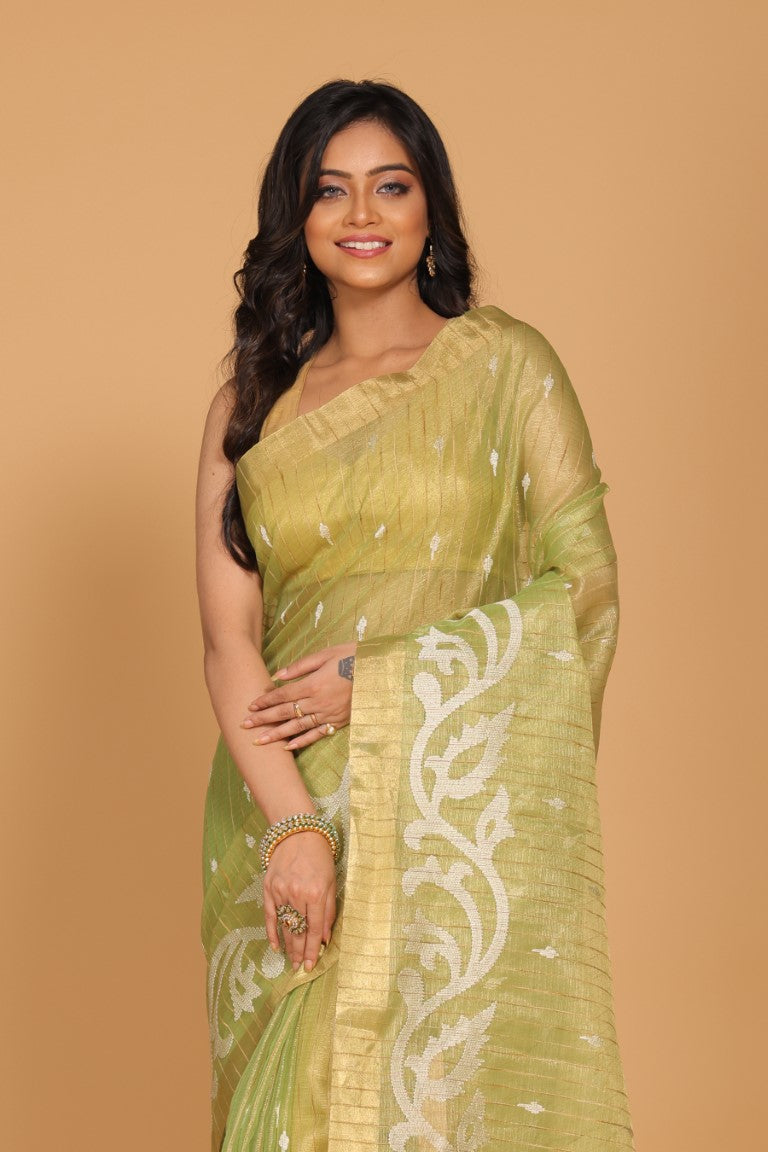 Morchari Kota Zari Stripe Embroidery Saree - Green | Grocsy