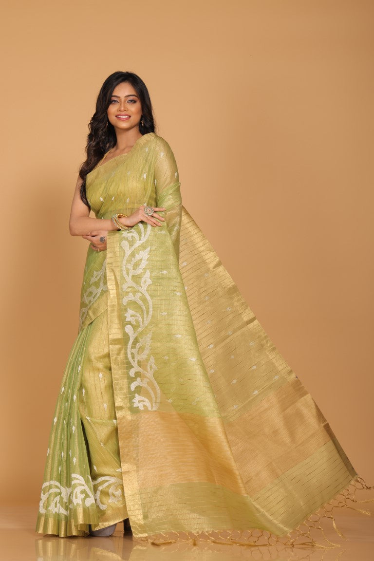 Morchari Kota Zari Stripe Embroidery Saree - Green | Grocsy