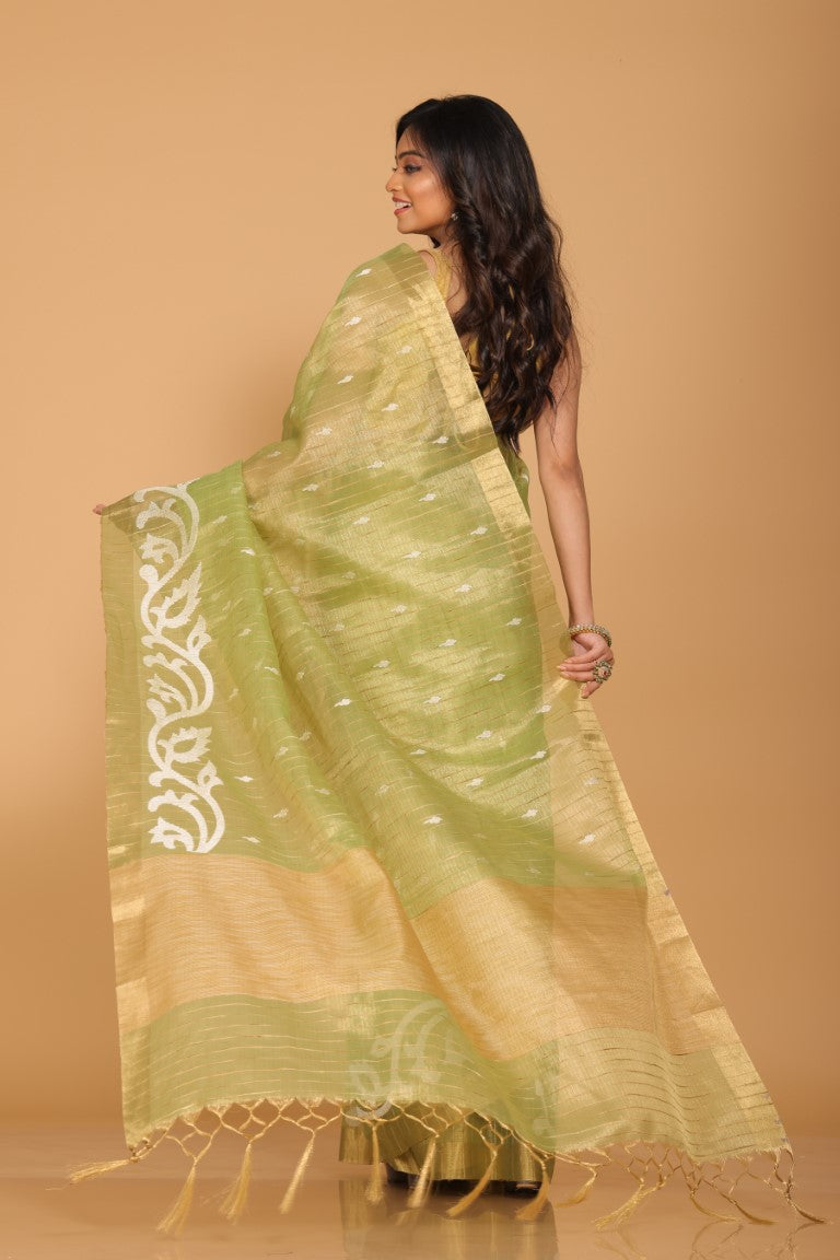 Morchari Kota Zari Stripe Embroidery Saree - Green | Grocsy