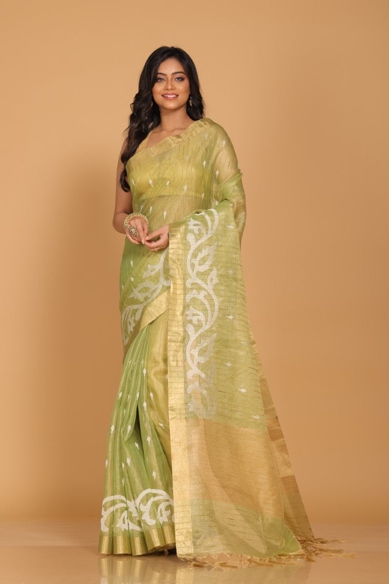 Morchari Kota Zari Stripe Embroidery Saree - Green | Grocsy