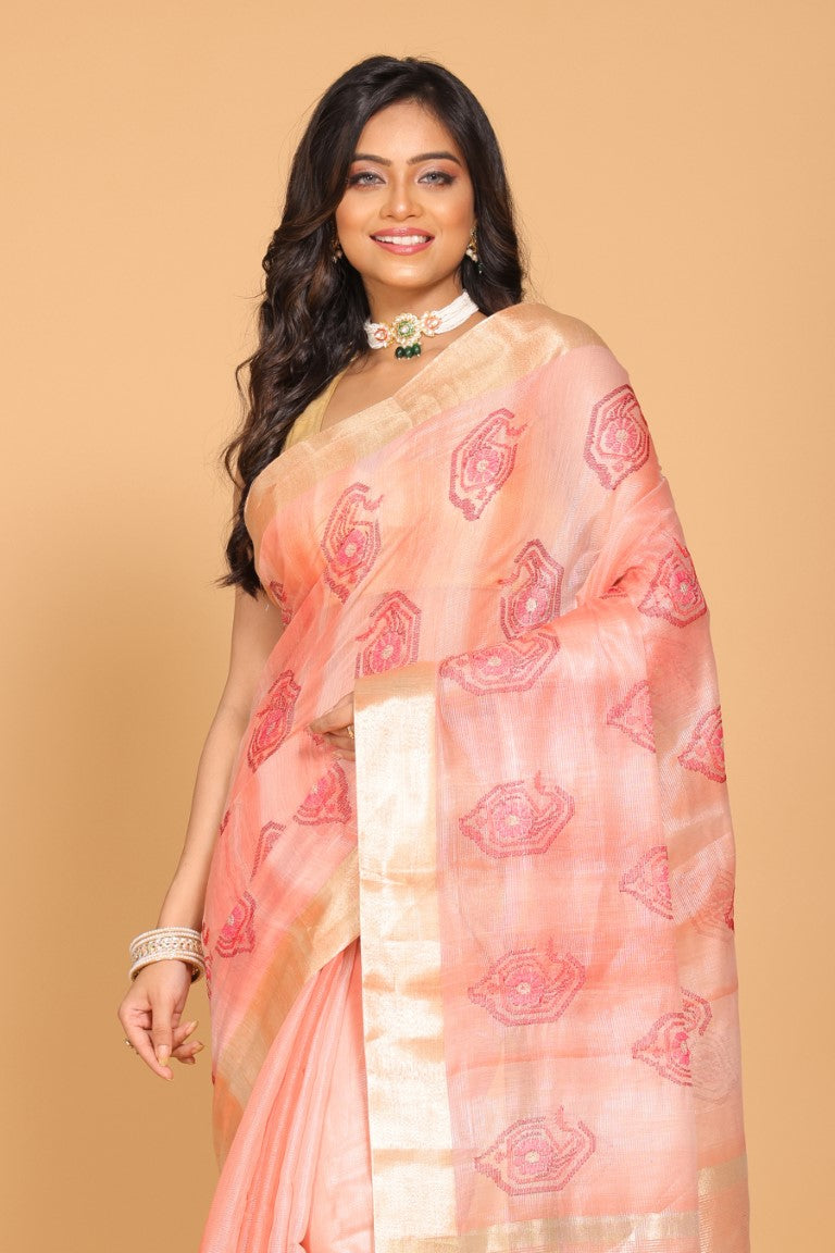 Morchari Kota Tissue Zari Embroidery Saree - Red | Grocsy