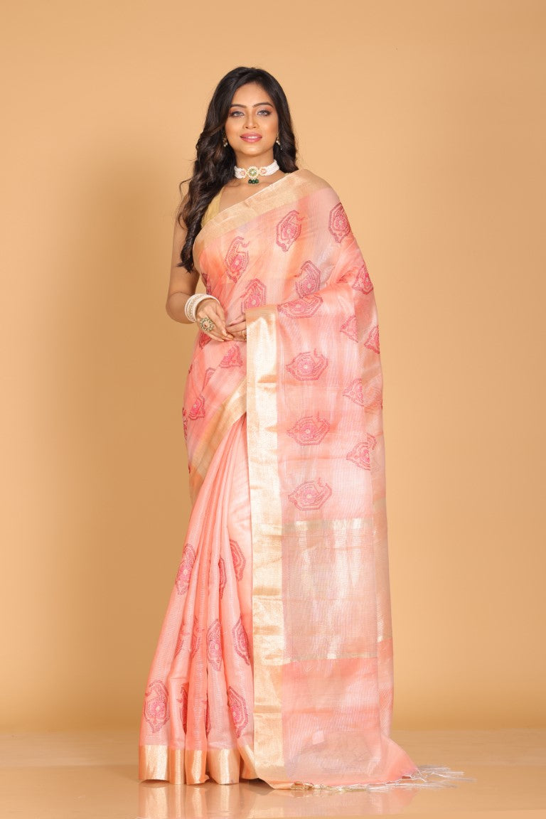 Morchari Kota Tissue Zari Embroidery Saree - Red | Grocsy