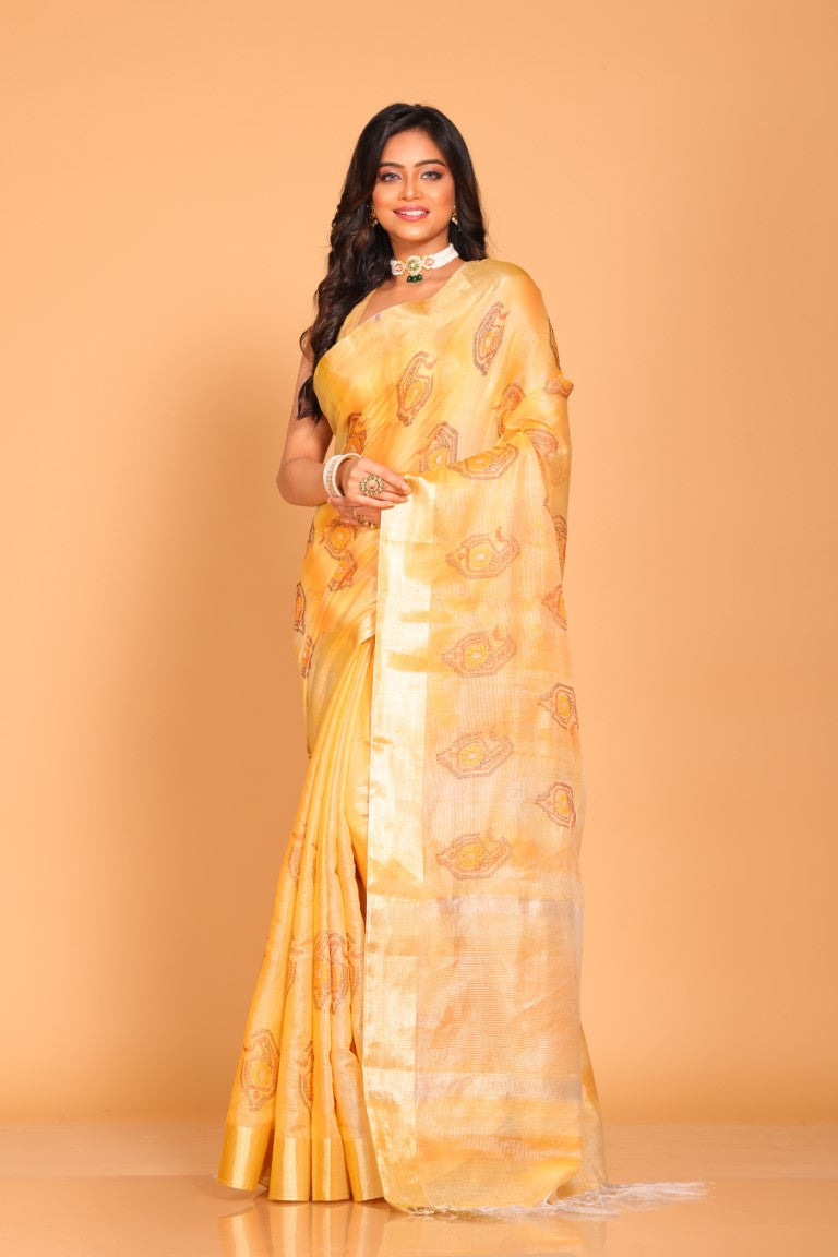 Morchari Kota Tissue Zari Embroidery Saree - Yellow | Grocsy