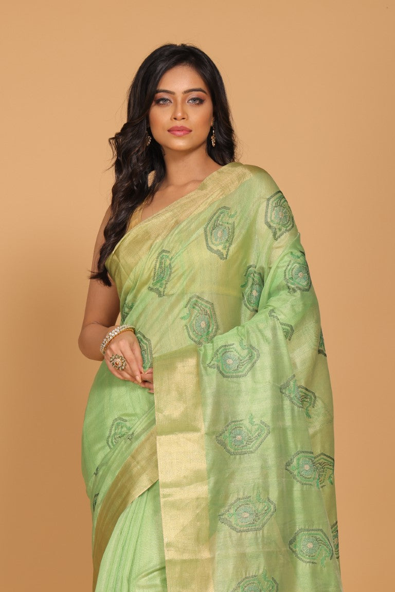 Morchari Kota Tissue Zari Embroidery Saree - Green | Grocsy