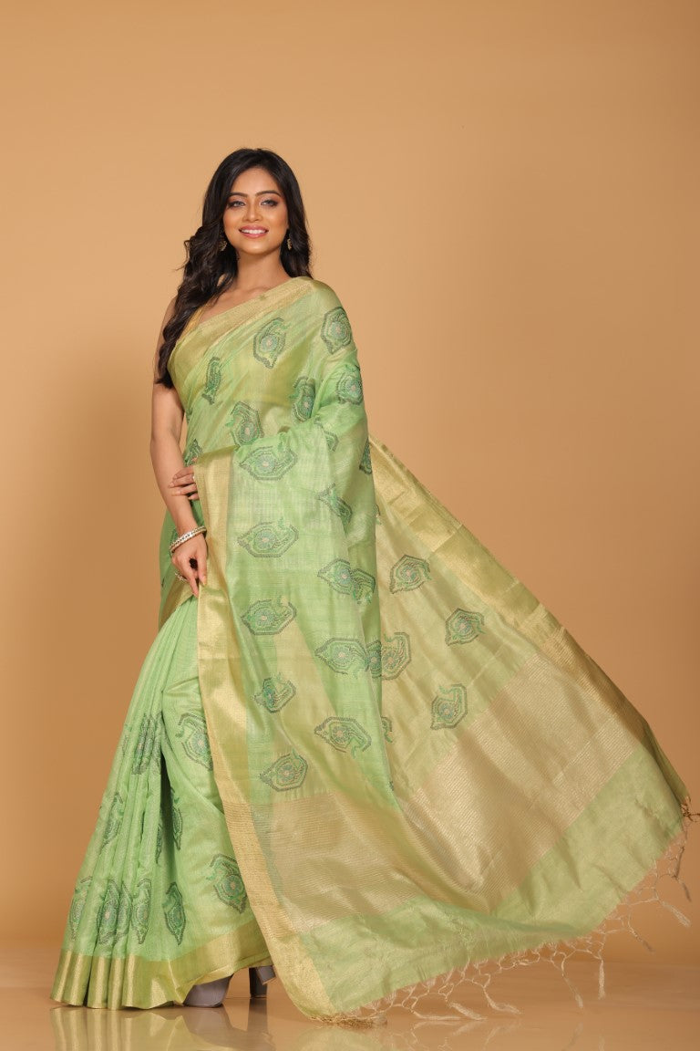 Morchari Kota Tissue Zari Embroidery Saree - Green | Grocsy
