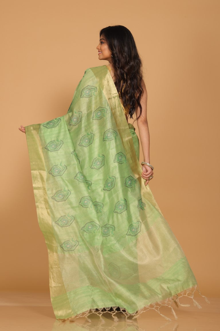 Morchari Kota Tissue Zari Embroidery Saree - Green | Grocsy